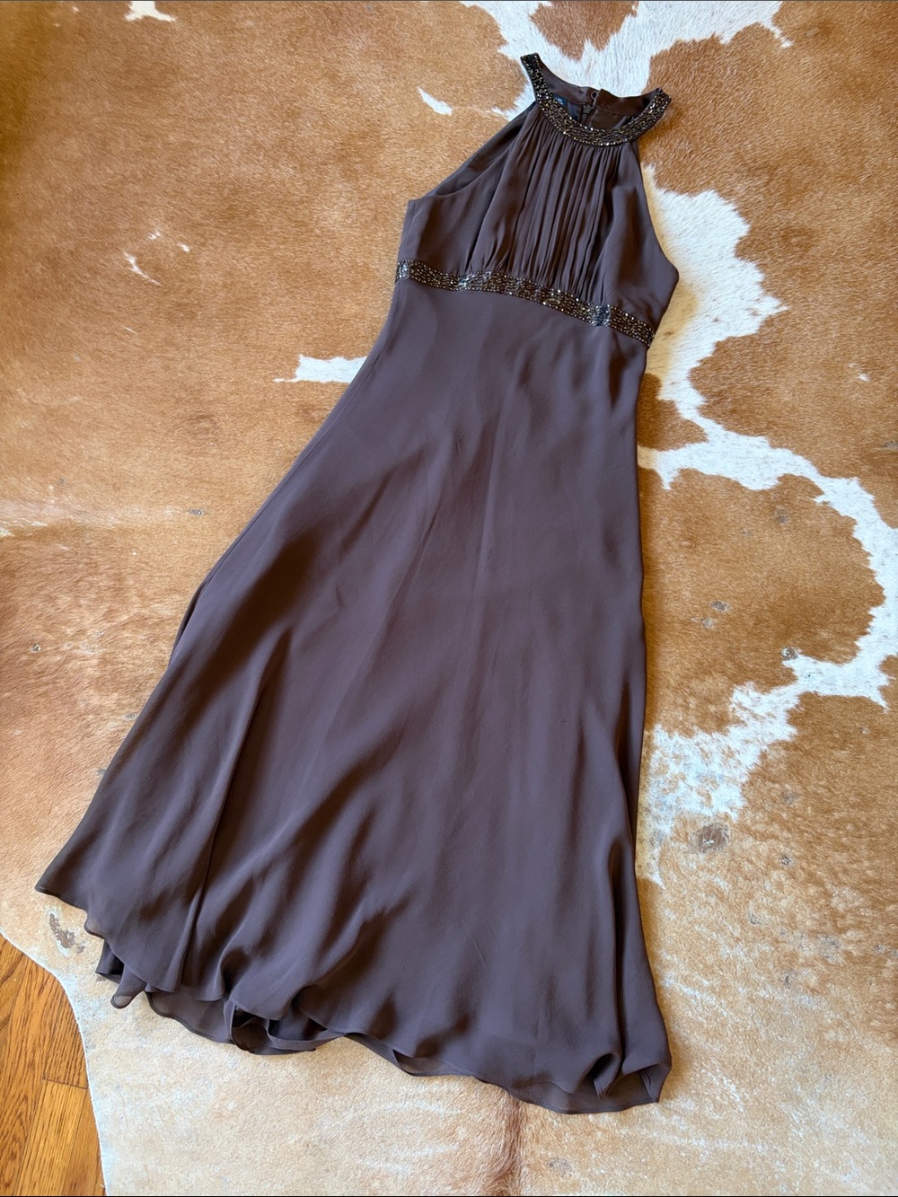 Jones New York Brown Embellished Silk Halter Dress